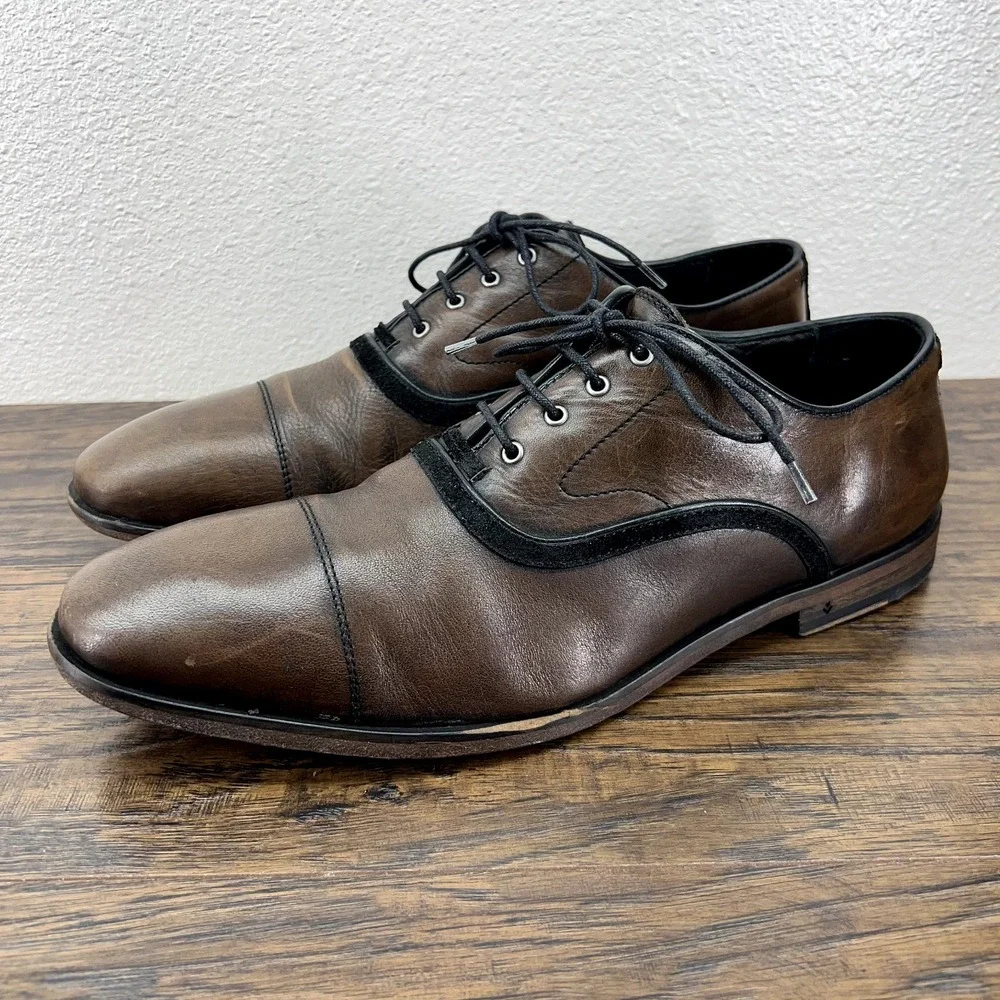 John Varvatos Size 11.5D‎ Oxfords Dress Shoes Brown Leather Cap Toe Suede Trim